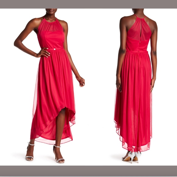 NWT $149 Marina Mesh Hi-Lo Ball‎ Gown in Fuchsia - Picture 1 of 8